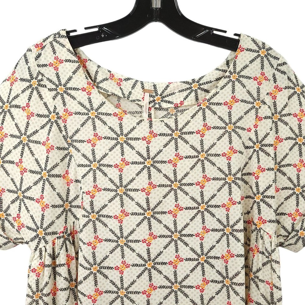 Free People Geometric Floral Tunic Trapeze Dress S High Low White Orange Boho - Picture 8 of 16